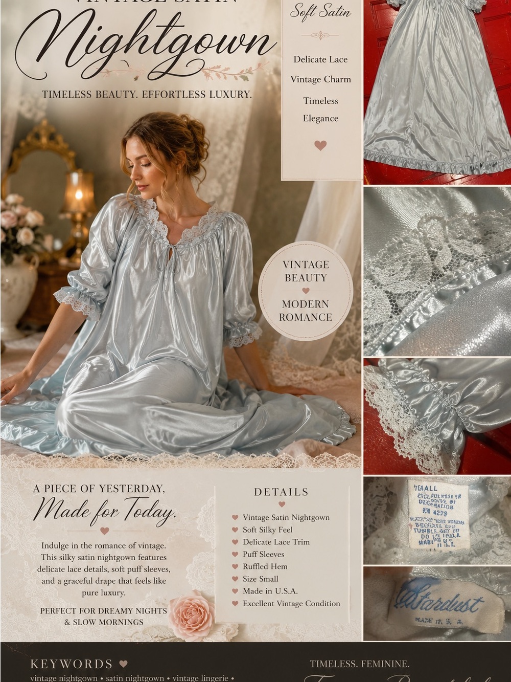 Vintage Stardust Satin Nightgown Dress Romantic Lace Trim Cottagecore